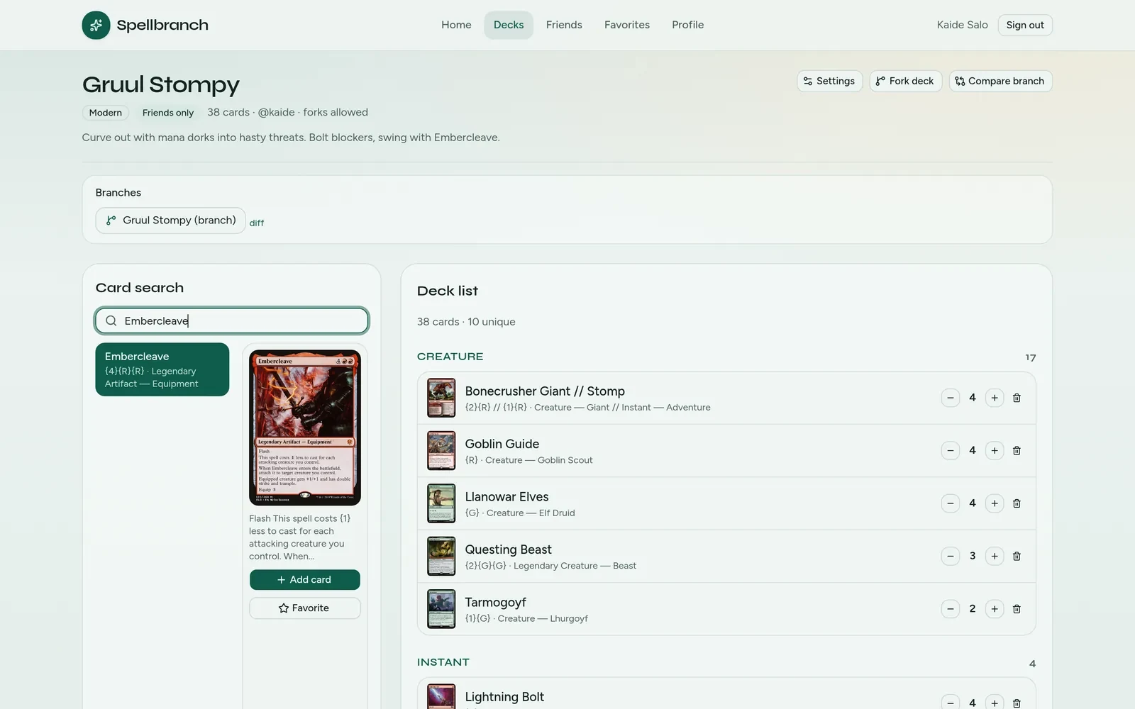 Screenshot of Spellbranch&rsquo;s deck page: a Gruul Stompy deck with its branches, Scryfall card search, and the deck list grouped by card type